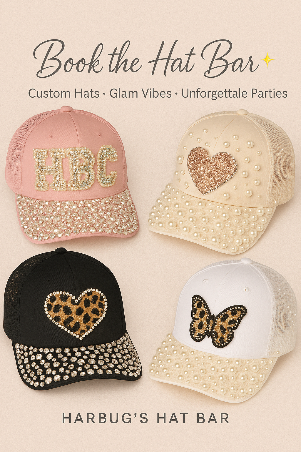 Four decorated hats with 'HBC' and heart designs on a beige background, featuring Harbug's Hat Bar branding.